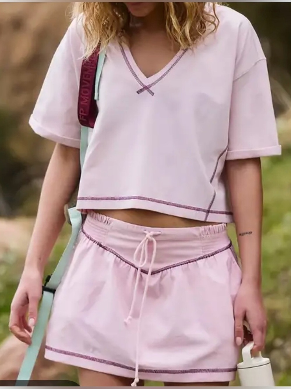 Free People Light Pink Cropped V-Neck Top Dark Pink Stitching & matching skort